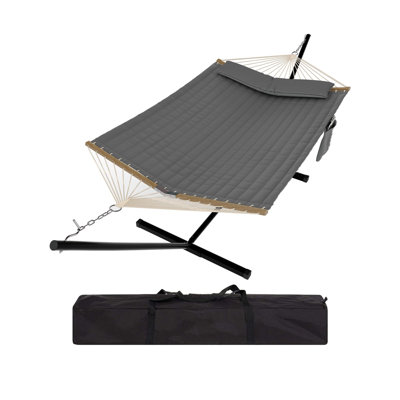Suite hamac pour 2 personnes avec base en acier avec support, capacité robuste de 450 lb, polyester matelassé et filet, sac de rangement inclus pour la cour, le patio et le camping