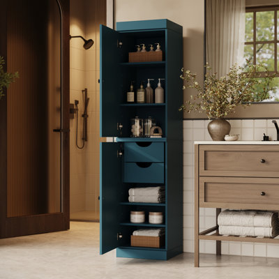 100% Solid Wood Bathroom Storage Cabinet, Raised Panel Doors, 2 Drawers, Adjustable Shelves, 16.5" Wide, 71.5" Tall