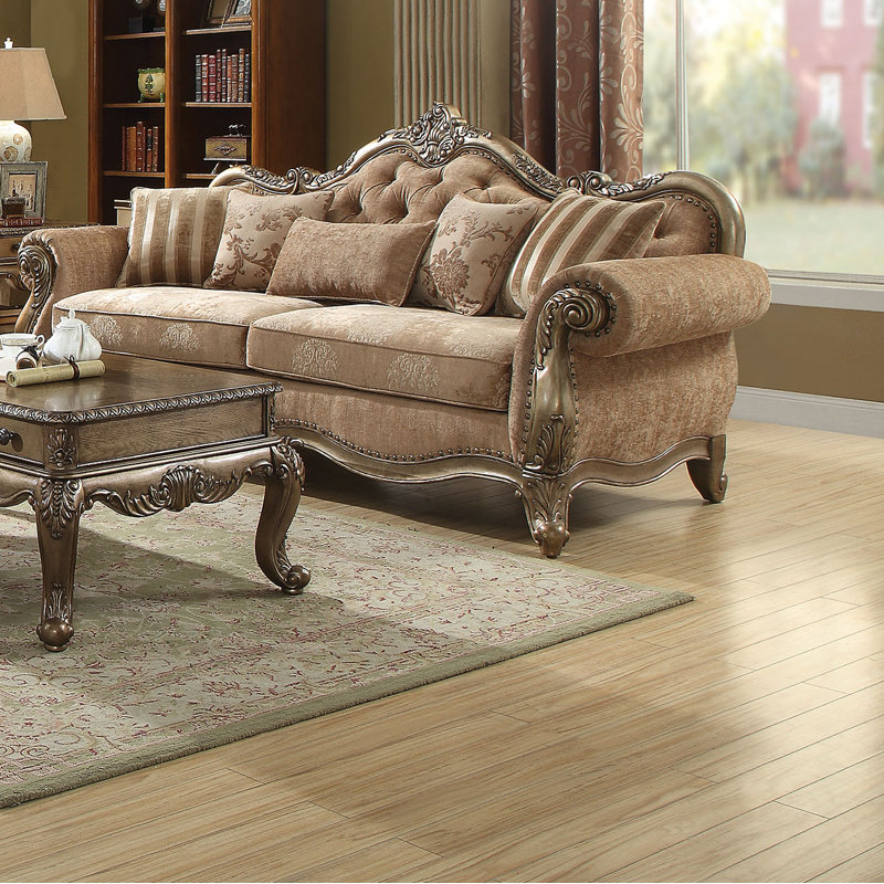 Cha Transitional Floral Tufted Rolled Arm Sofa with Five Cushions , Polyester brun pâle, Chêne rétro