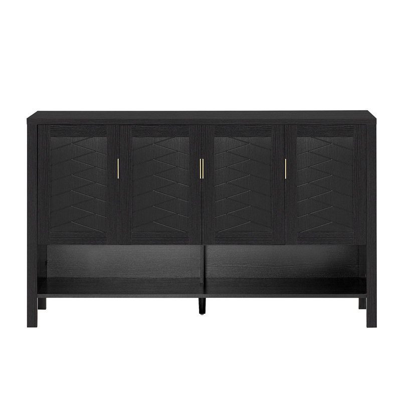 Buffet de rangement 55,1 po avec 4 portes, buffet multifonctionnel avec tablette ouverte et 2 tablettes réglables, armoire moderne avec crochets doubles, convient au salon, au couloir, à la salle à manger et au bureau.