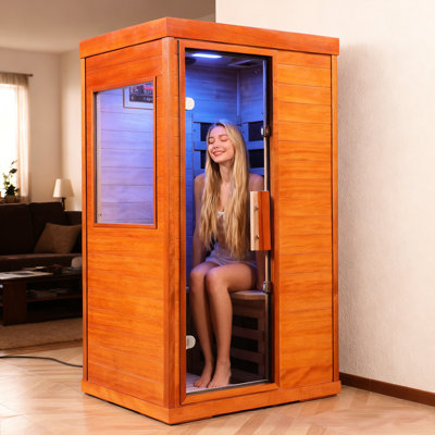 Chambre intérieure infrarouge lointain avec lampe de lecture en bois, audio, éclairage 7 couleurs, 6 radiateurs en fibre de carbone, alimentation standard américaine, température de 15 à 65 °C, écran tactile, panneaux chauffants LED.
