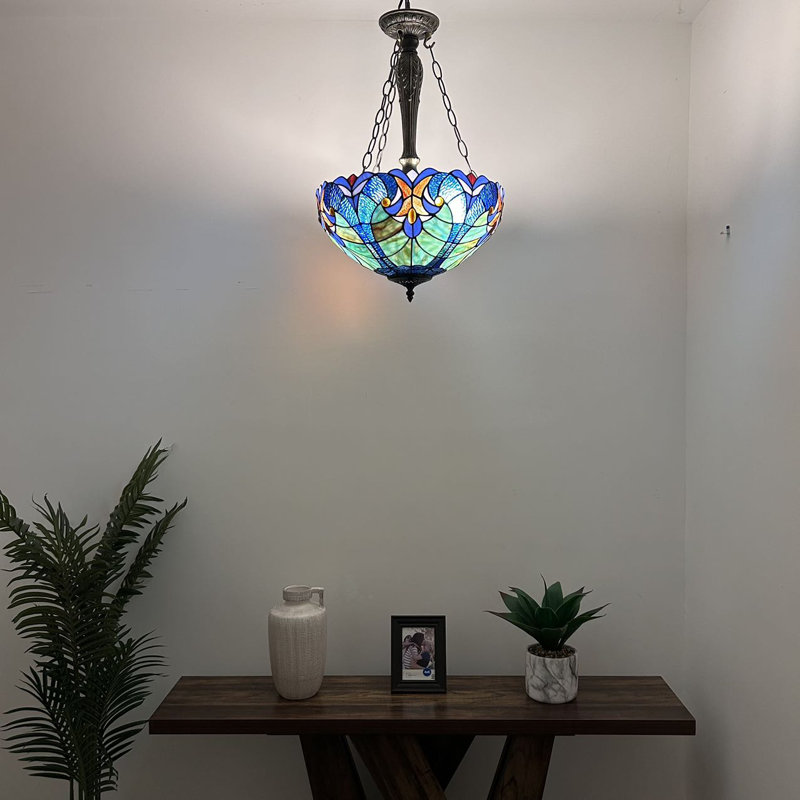 Bronze Bowl Pendant Light with Blue and Green Stained Glass Shade