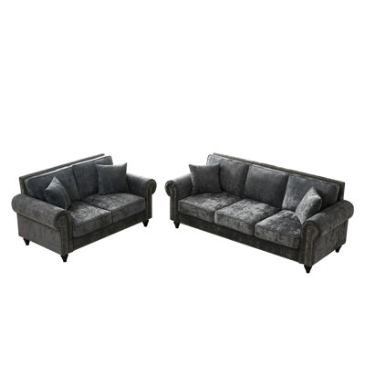 Modern 3+2 Seater Chenille In Gray With Rolled Arms, Curved , And High - Density Foam Filling For A Comfortable Home Arms Upholstery Apartment Living, Soft Velvet Fabric, Pine Frame Medium Seat
