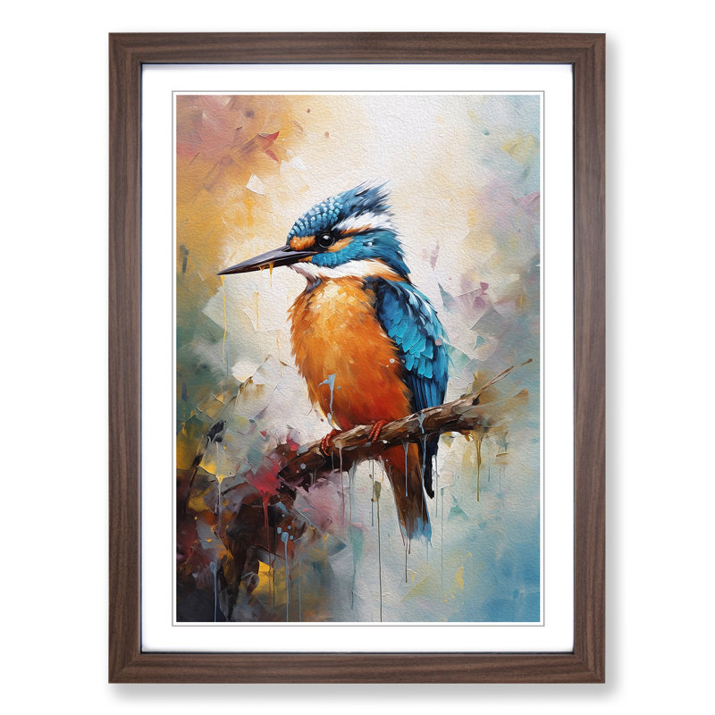 Kingfisher Impressionism - Single Picture Frame Print on Wood, Walnut Framed, 46cm H x 34cm W x 2cm D
