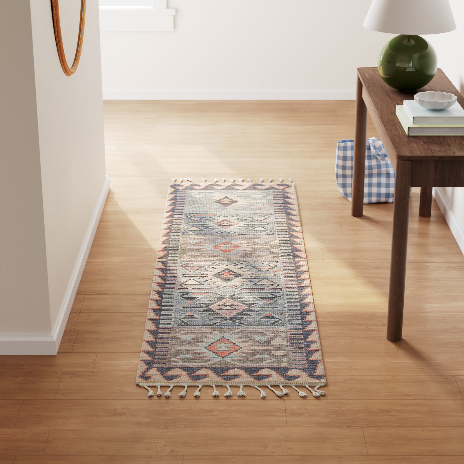 Blue Brown Beige Hand-Knotted Wool Rug, Runner 2'3" x 8'