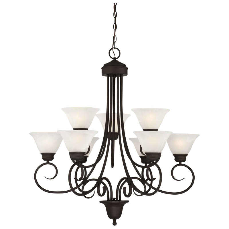 Lustre suspendu 9 lumières à niveaux Sawyer V2539 Troy, Bronze antique