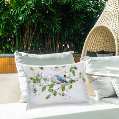 Bluebird on Dogwood Branch Design by Sally Swatland Outdoor Printed Pillow