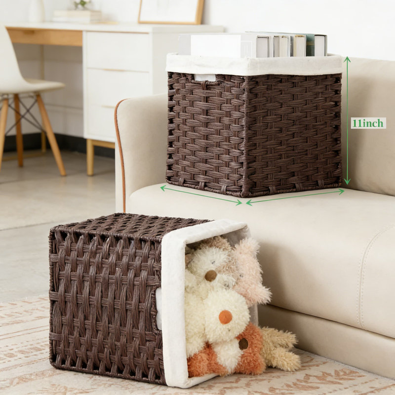 Bidtakay Woven Storage Baskets With Removable Liners - 2-Pack Handwoven Cube Bins With Handles For Home Organization, Durable Imitation Rattan Design