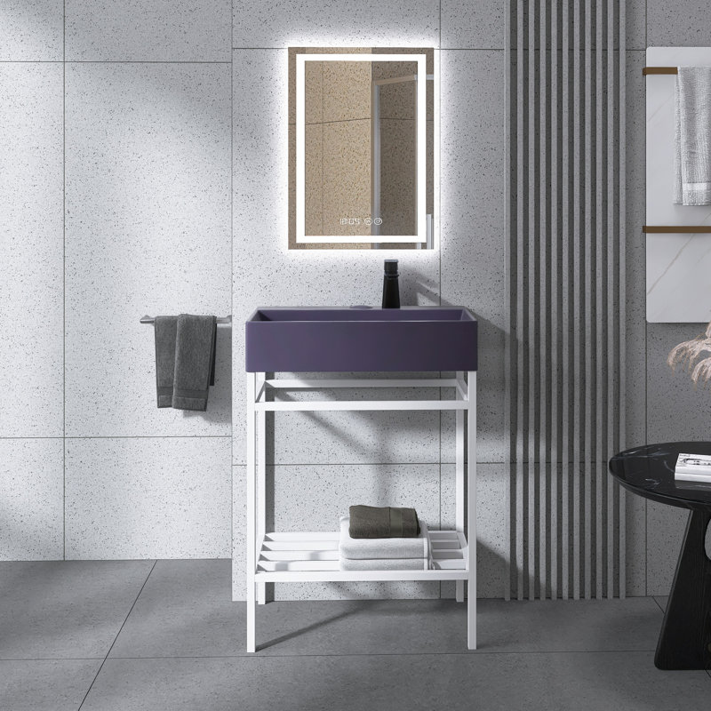 Meuble-lavabo autoportant blanc l 24 po x P 14 po x H 34 po avec plateau en céramique blanche, Mauve, Blanc