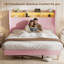 Structure de lit double avec tête de lit à oreilles en velours côtelé de 51 po de hauteur et tablette de rangement, lit plateforme tapissier avec lumières DEL et station de charge, aucun sommier nécessaire, assemblage facile, rose-129953401-129953402