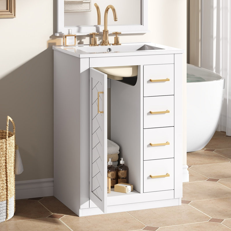 Meuble-lavabo simple avec 1 porte et 3 tiroirs, Blanc
