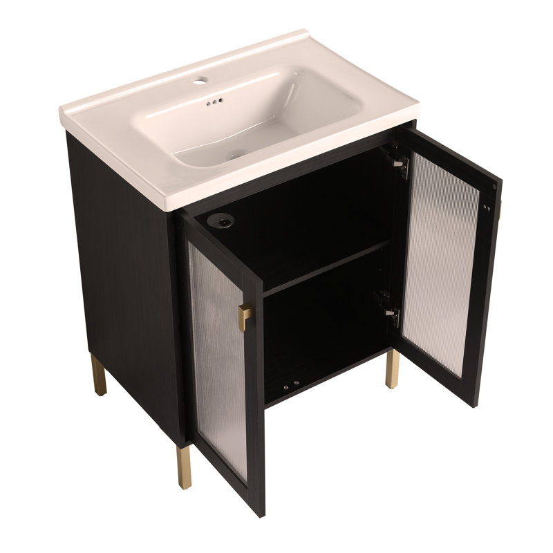 Contreplaqué de meuble-lavabo autoportant de 28 pouces avec lavabo en céramique, porte à fermeture douce (ensemble KD)