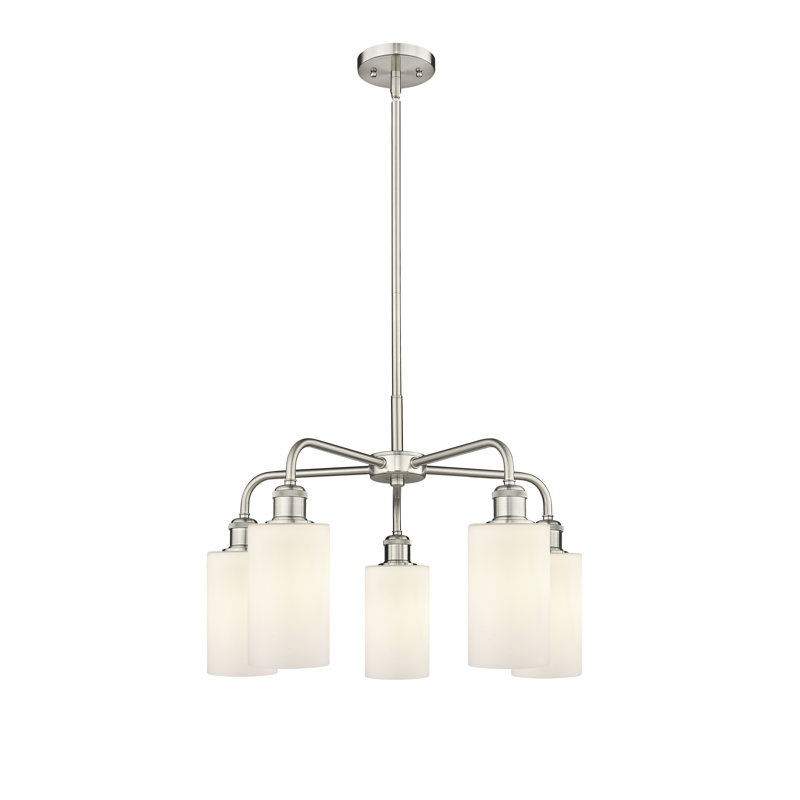 Lustre cylindrique à 5 lumières en acier à intensité variable Ervine, Nickel satiné, Blanc mat