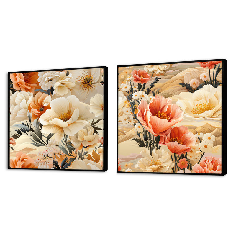 Boule - Ensemble de 2 collages carrés floraux, Cadre flottant noir, H 30 po x l 61 po
