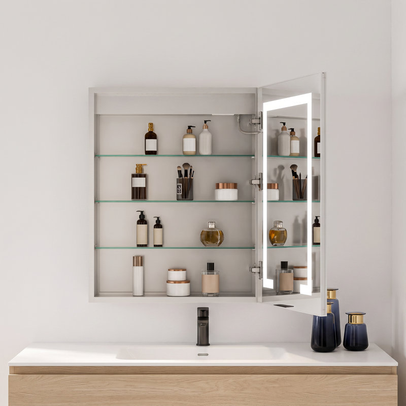 Pharmacie encastrable et encastrée en aluminium 24 po avec lumières DEL, désembueur, prises électriques, tablettes réglables, 1 porte à droite de 24 po