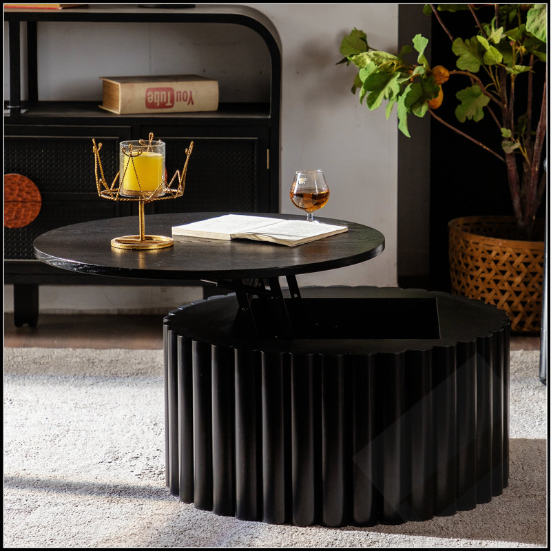 Table basse ronde avec plateau relevable, relief artisanal, pied robuste pour salon, aucun assemblage requis, Noir