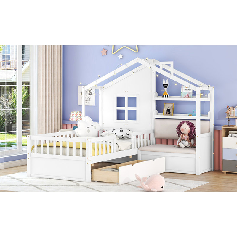 Lit simple avec canapé, lit plateforme pour enfants avec deux tiroirs et tablette de rangement, blanc