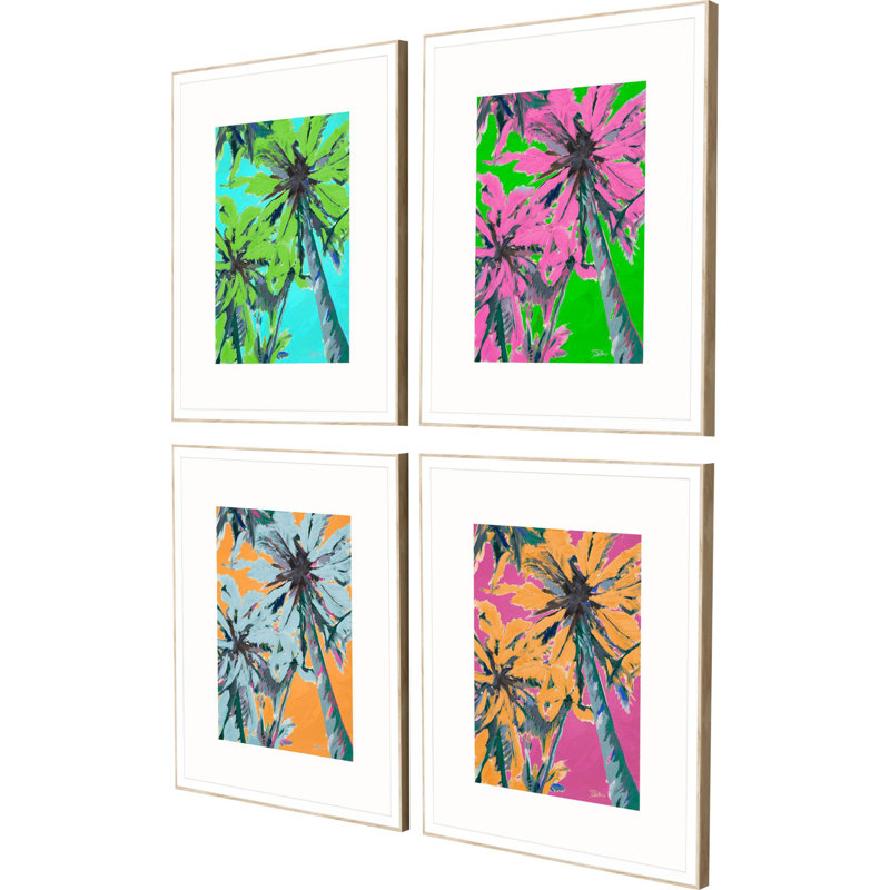 Vibrant Palm Trees Set of 4 Framed Canvas Art in Ribbed White Wood