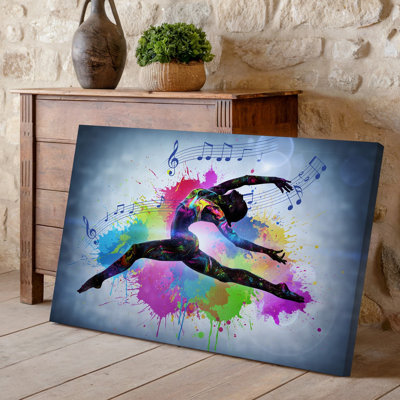 Canvas A Dynamic Dancer Leaps Gracefully Against A Vibrant Abstract Backdrop Wall Art Filled With Splashes Of Colorful Paint In Shades Canvas Wall Art