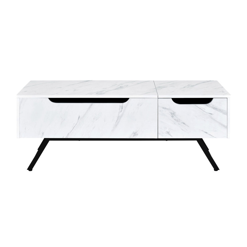 Table basse moderne à plateau relevable blanc avec tiroir, forme rectangulaire, pieds évasés en métal pour un look élégant