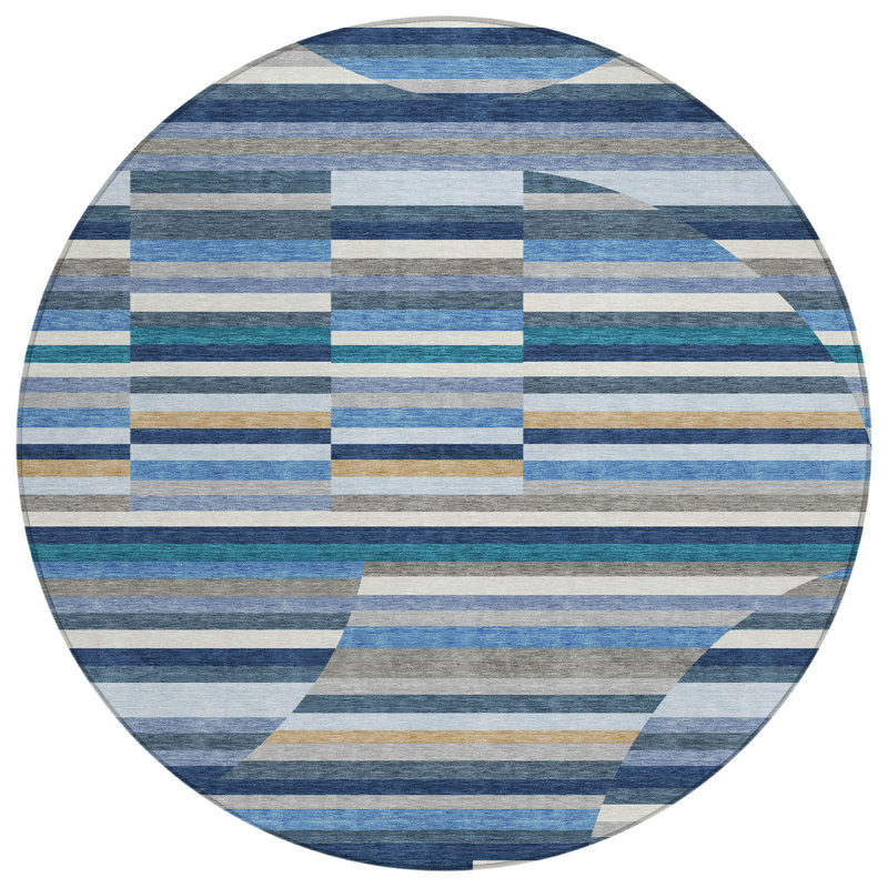 Machine Washable Indoor/Outdoor Chantille ACN2600 Stripes Rug, Navy, 8' Round