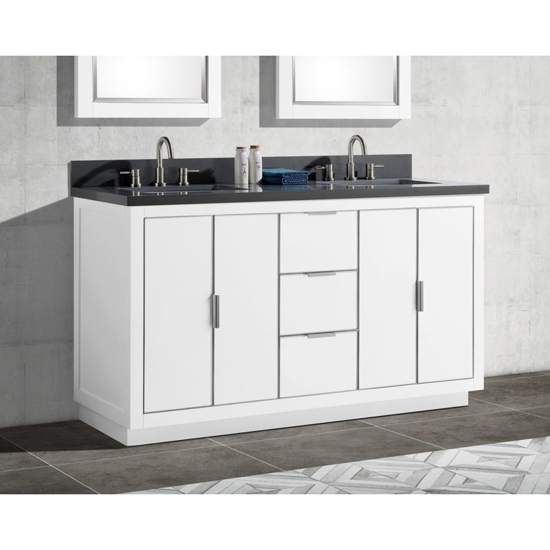 Austen 61'' W Double Vanity, White, Gray Quartz/Silver