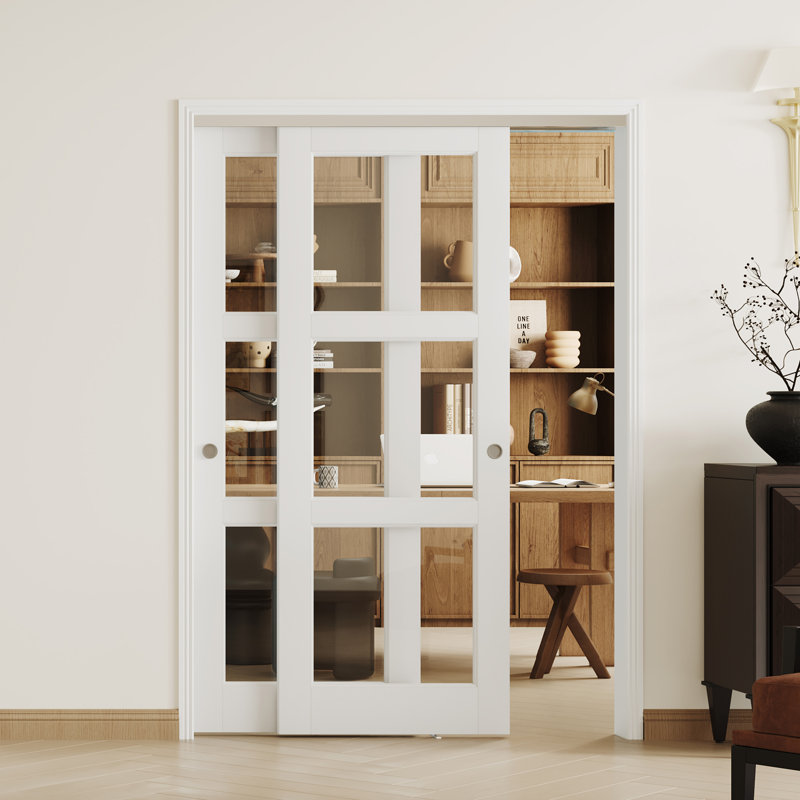 2 portes intérieures en panneau de fibres à densité moyenne avec quincaillerie en aluminium et porte coulissante en verre transparent blanc 3-Lite