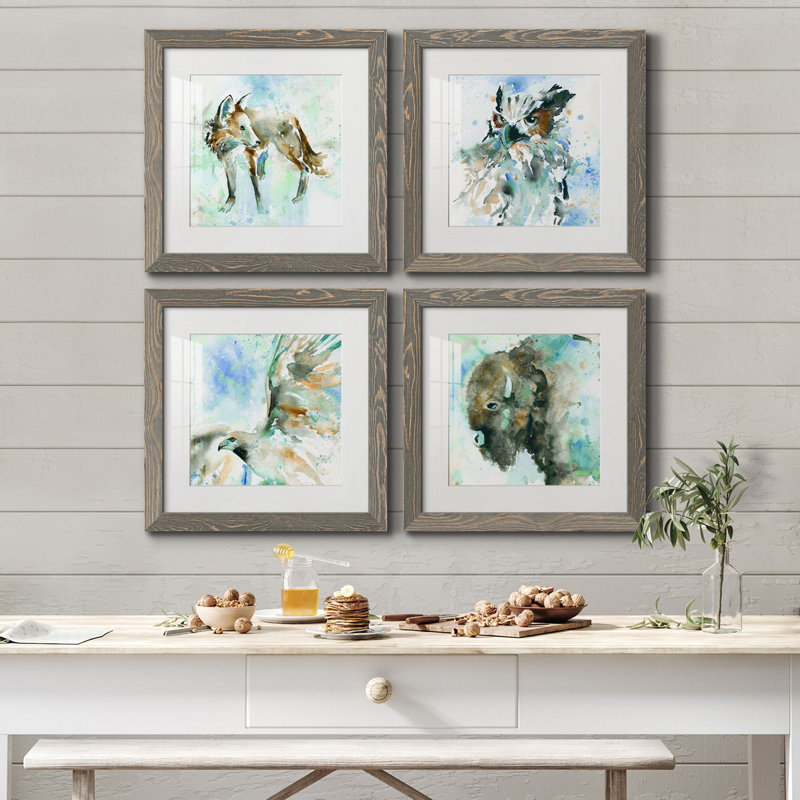 Fox on Blue - Ensemble de 4 peintures sur toiles encadrées, H 40 po x l 40 po x P 1,5 po, Encadré gris