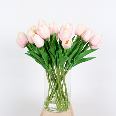 Artificial Spring Summer Tulip Floral Arrangement In Glass Vase With Faux Water, Farmhouse Greenery Foliage Long Stem Faux Flower For Dining Table Centerpieces, Home Office Wedding Party Decor