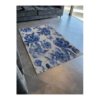 Blue Themed Floral Rose Patterned Creative Modern Decorative Rug