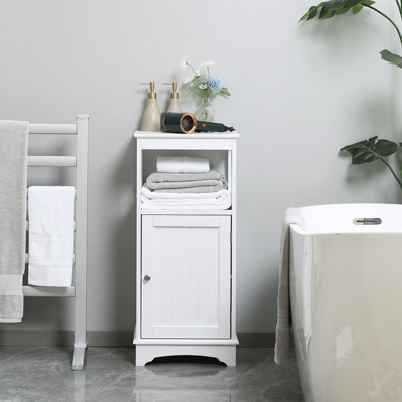 Armoire de rangement au sol pour salle de bain moderne avec tablette ouverte, blanche