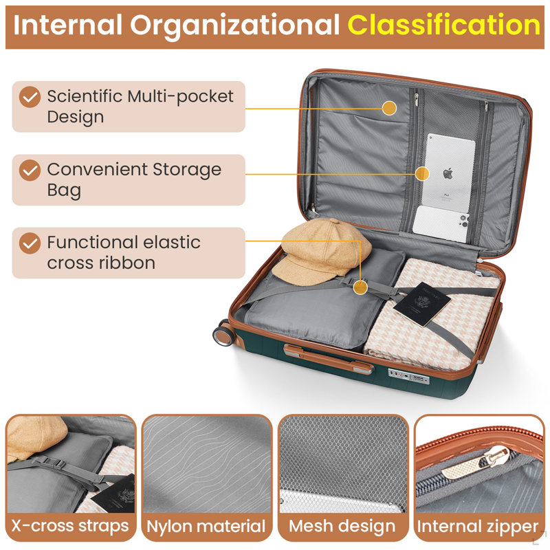 Ensembles de valises 4 pièces (14/20/24/28), valise légère extensible avec 4 roues pivotantes doubles à 360 degrés pour matériaux de transport