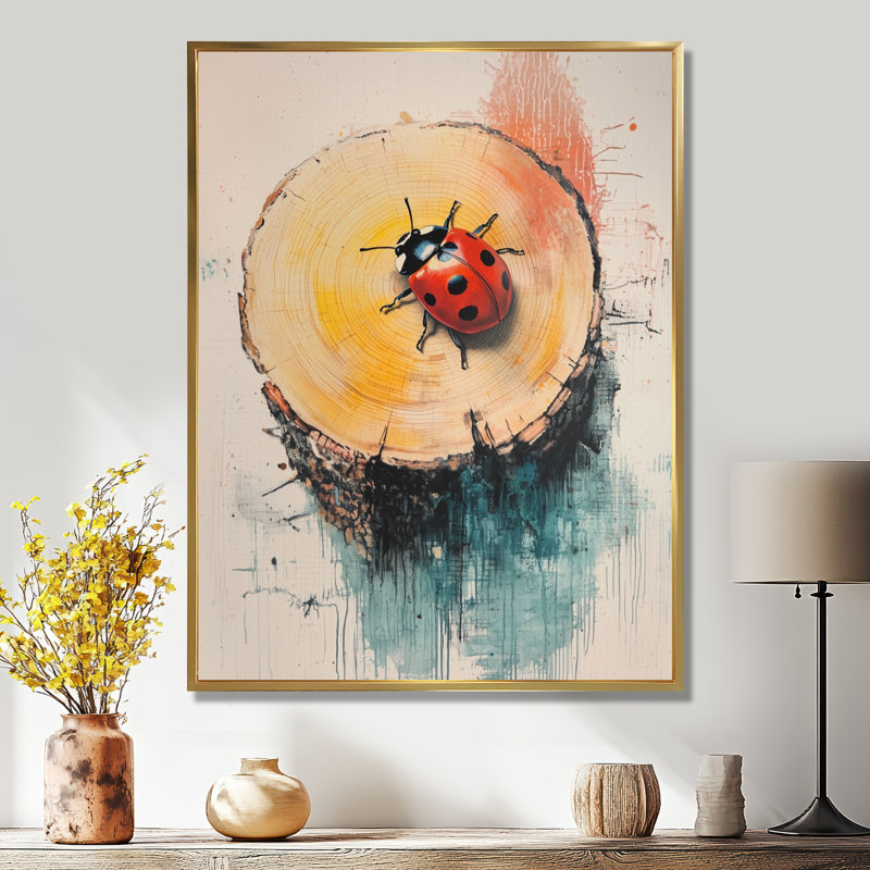 «Ladybug At The Forest On Slide II - Ladybug», art encadré, H 32 po x l 16 po, Reproduction avec cadre flottant, Doré