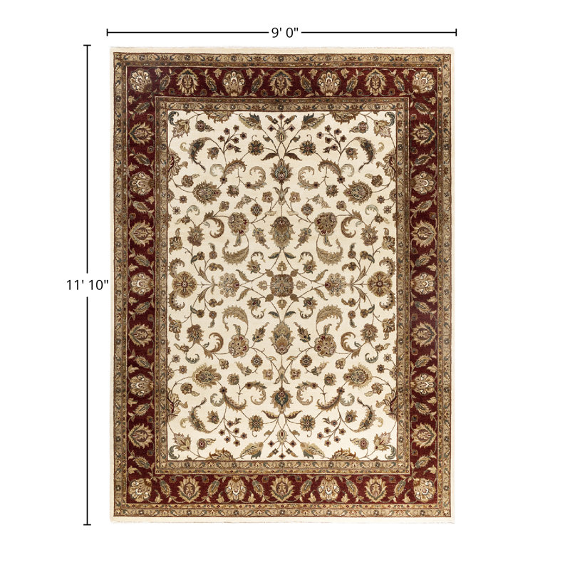 Ivory and Red Hand-Knotted Wool Rectangular Area Rug
