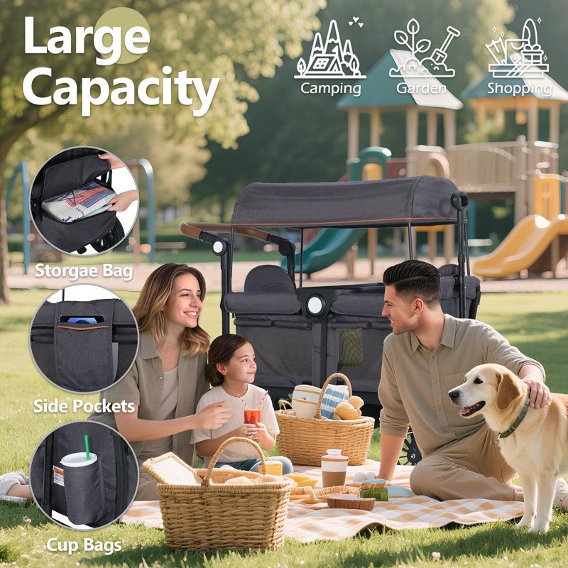 2-Seat Wagon Stroller, All-Terrain Foldable Stroller Wagon for Toddlers with Canopy, Snack Tray & Push/Pull Bar, Gray