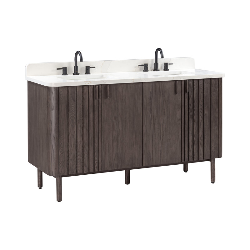 Blakely Free Standing Double Bathroom Vanity with Quartz Top, Brown, Black, 73"