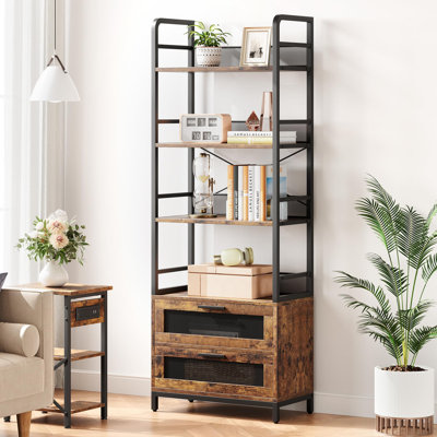 Bibliothèque avec tiroirs, bibliothèque industrielle à 4 niveaux en métal, support de rangement rustique Farmhouse