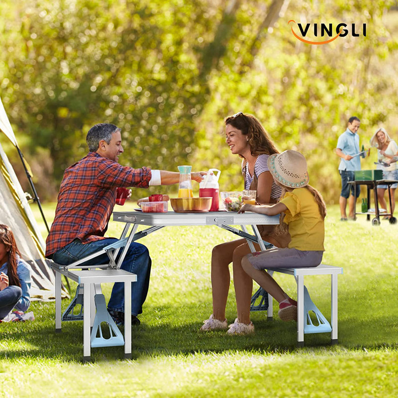 4Ft Folding Camping Picnic Table With Seats/Umbrella Hole-265 Lbs Support That Lightweight And Fold Up Card Suitcase Table Aluminum Alloy Frame, RV Tabletop With Soft Handle