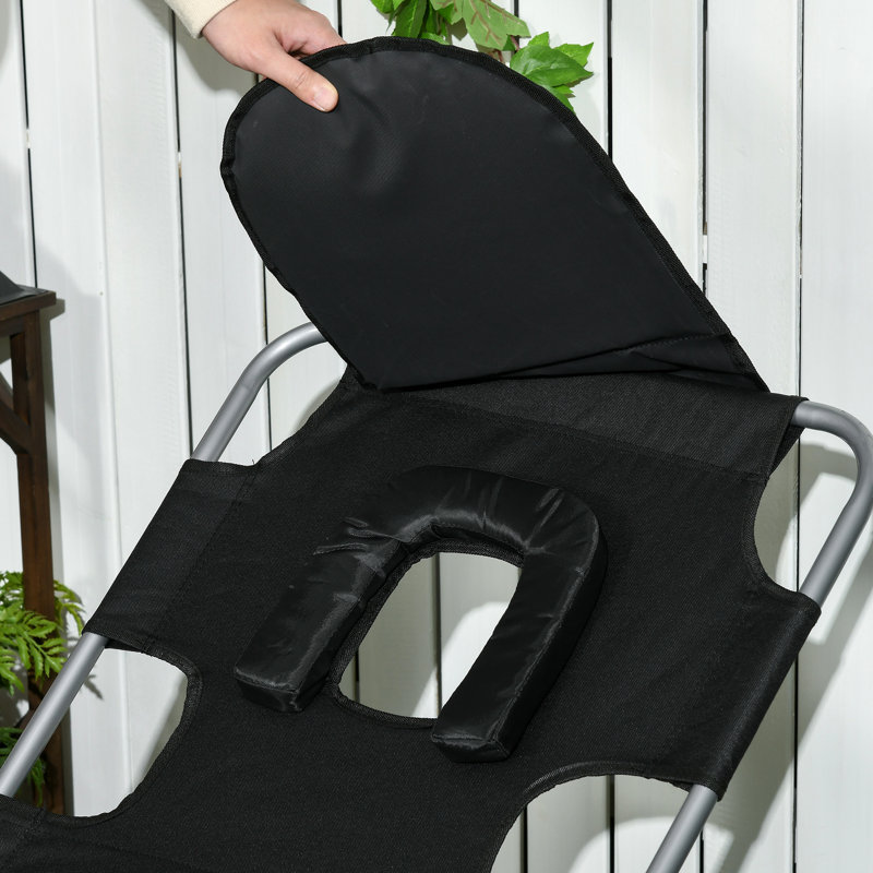 Outdoor Chair With Face Hole, Armrest Pockets, Pillow And 5 Adjustable Settings, Black Beach Tanning Lounge Arm Slots, Angle,