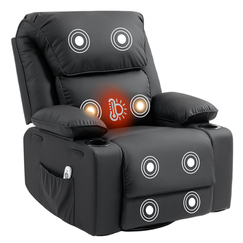Modern Swivel and Rocking Recliner with Heating and Massage, Black, Faux Leather