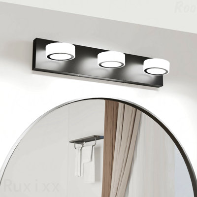 Luminaire de meuble-lavabo 21 po - 3 lumières DEL en métal noir, abat-jour rond en acrylique blanc, fixation murale