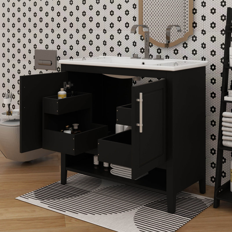 Meuble-lavabo de salle de bain avec lavabo intégré avec portes d'armoire et tiroirs polyvalents, Noir, 36"