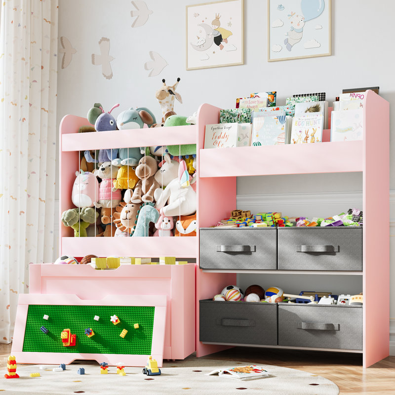 39.4''H Nursery Toy Boxes Organizer with Stuffed Animal Storage, Kids Bookcases with 4 Fabric Storage Bins, Wood Classroom Storage With Movable Building Block Drawers(Pink)
