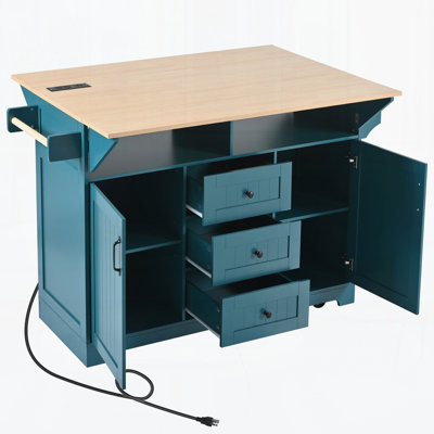 55.7'' Large Kitchen Island With 2 Drop Leaf,Rolling Kitchen Cart On 5 Wheels With Power Outlet, Folding Storage Dining Table With Spice & Towel Rack,3 Drawers