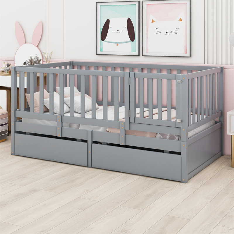 Lit plateforme avec garde-corps et 2 tiroirs, Gris