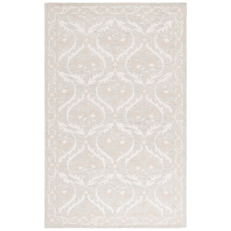 Angeletta Tufted Wool/Cotton Damask Rug in Light Gray/Ivory, Rectangle 9' x 12'