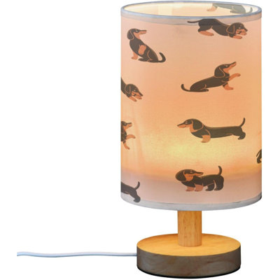 Cute Dachshund Dog Bedside Table Lamp For Bedroom Nightstand, Small Eye Care LED Desk Reading Lamp USB Port Wood Base Round Flaxen Fabric Shade For For Kids Room Living Room Office Desk