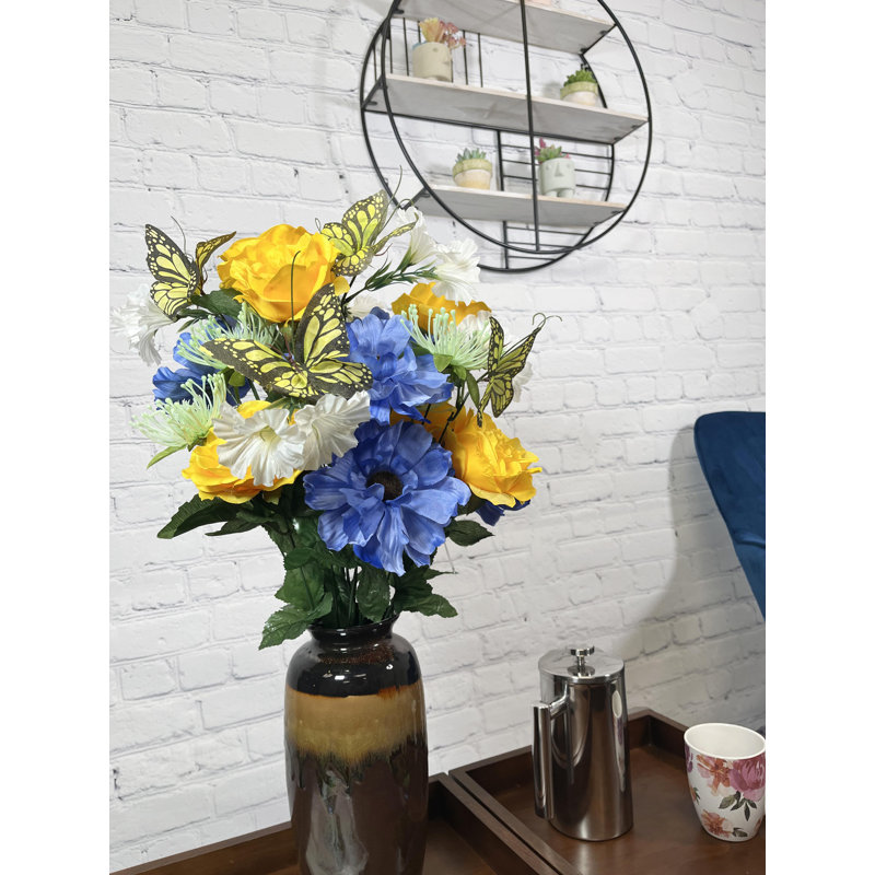 Arrangement floral roses artificielles, Jaune / Bleu / Crème