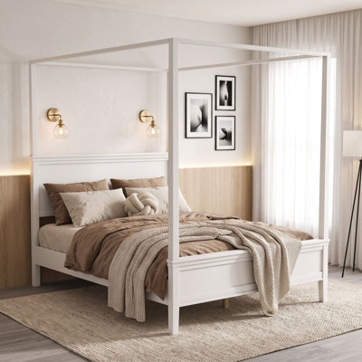 Wood Canopy Platform Bed with Headboard and Slats
