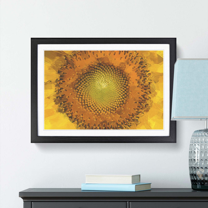 The Eye of a Yellow Sunflower in Abstract - Picture Frame Graphic Art Print on MDF, 36cm H x 48cm W x 2cm D, Black Framed